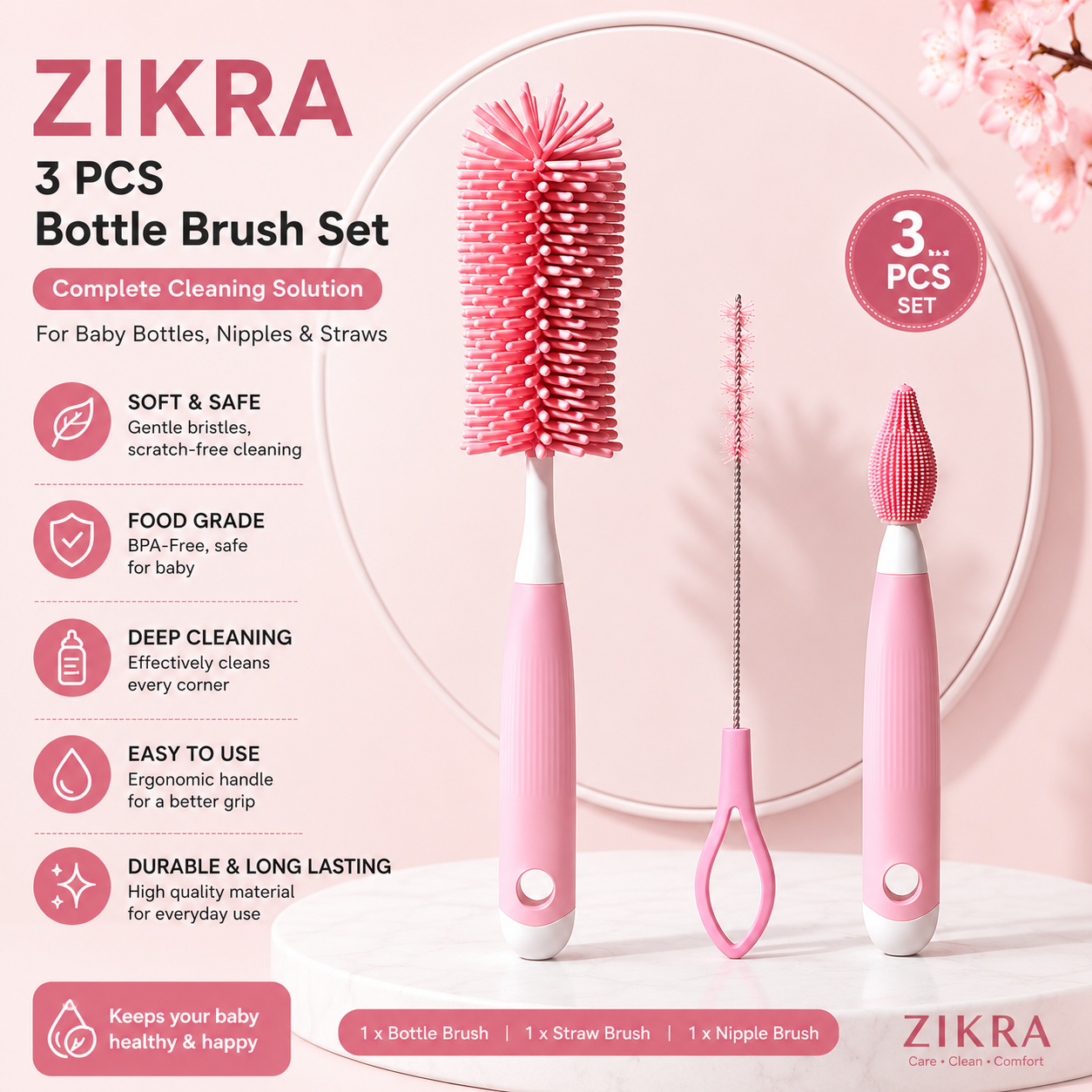 3 Pcs Baby Bottle Straight Handle  Cleaning Brush Set – 3-in-1 Bottle & Nipple Cleaning Brush