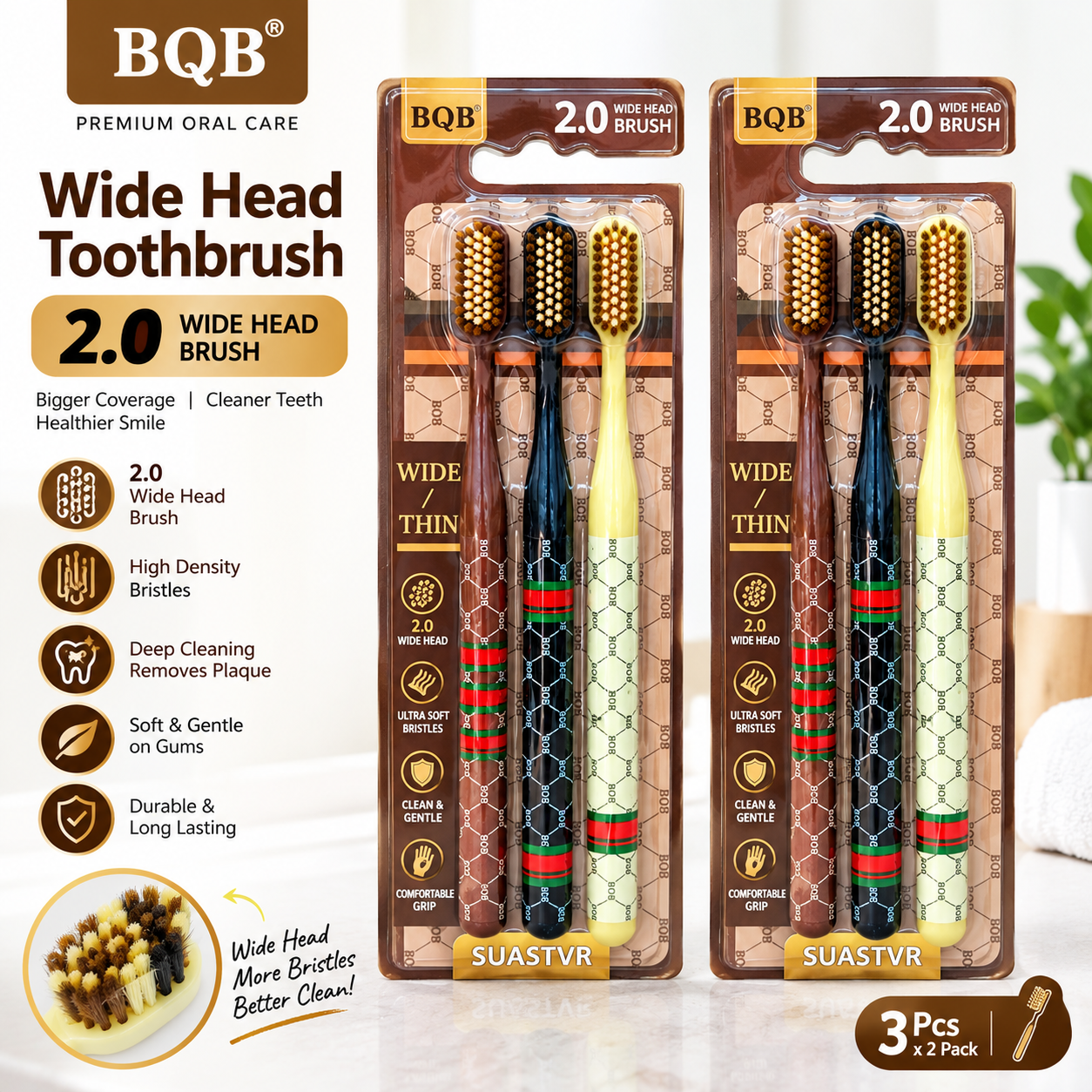 BQB 3 Pcs 2.0 Wide Head Toothbrush Set – Ultra Soft Bristles for Deep Cleaning & Gentle Gum Care